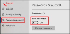 Microsoft edge save password slider