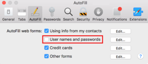 apple safari explorer uncheck user name and password